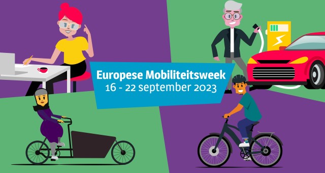 Aankondiging van de Europese Mobiliteitsweek in Den Haag met geillustreerde personages die thuis aan het werk zijn of naar werk onderweg zijn
